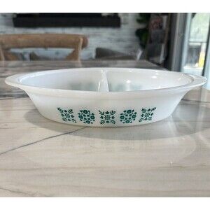 Vintage GLASBAKE Turquoise/teal Snowflake Floral design Divided Casserole Dish